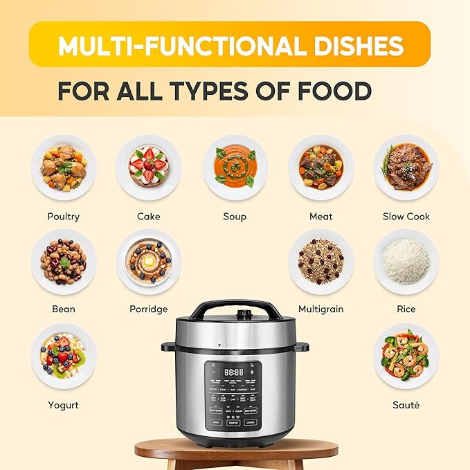 HealSmart 12-in-1 Multi Electric Pressure Cooker, Non-Stick 6QT Stainless Steel Pressure Cooker for Yogurt Maker, Slow Cooker, Cake, Multigrain, Dishwasher Safe