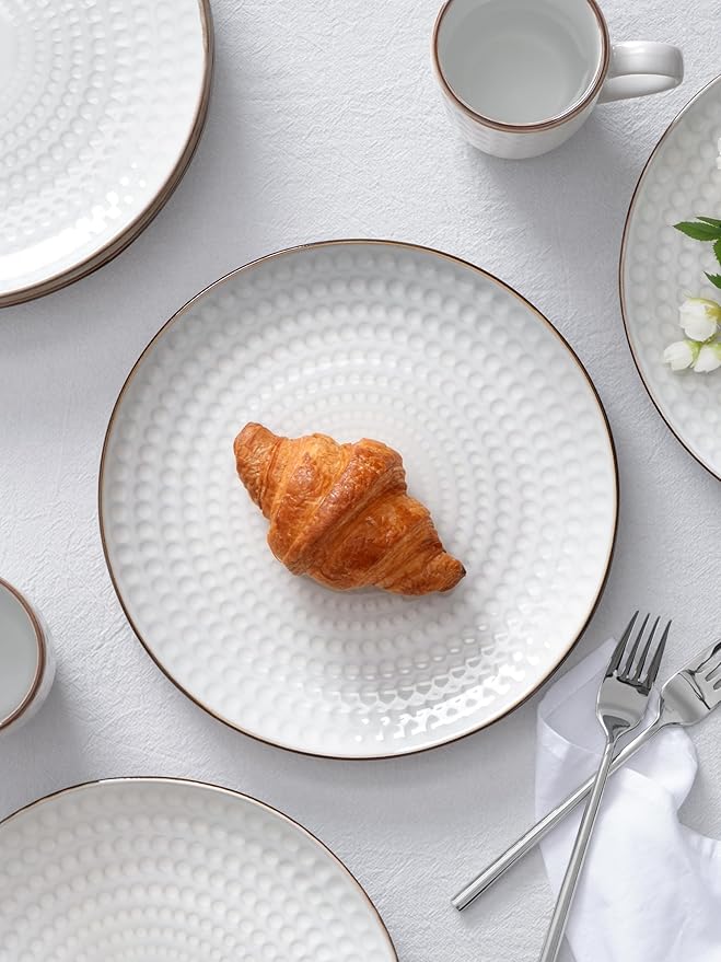 Famiware Eden Plates and Bowls Sets, Stoneware Dinnerware Sets with Gold Trim, 18 Pieces Dishes Set for 6 - Chip and Scratch Resistant, Microwave and Dishwasher Safe, White Circle