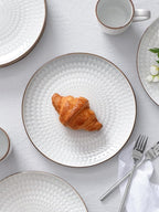 Famiware Eden Plates and Bowls Sets, Stoneware Dinnerware Sets with Gold Trim, 12 Pieces Dishes Set for 4 - Chip and Scratch Resistant, Microwave and Dishwasher Safe, White Circle