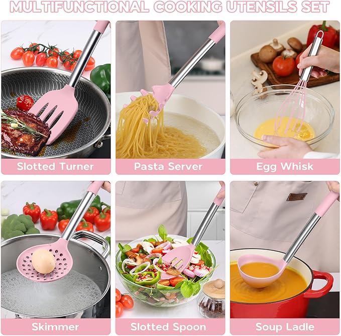 Silicone Utensils Set, Onader 15pcs Kitchen Cooking Utensils with Holder, Non-stick Cookware with Stainless Steel Handle, Kitchen Gadgets Tools Gift - Pink