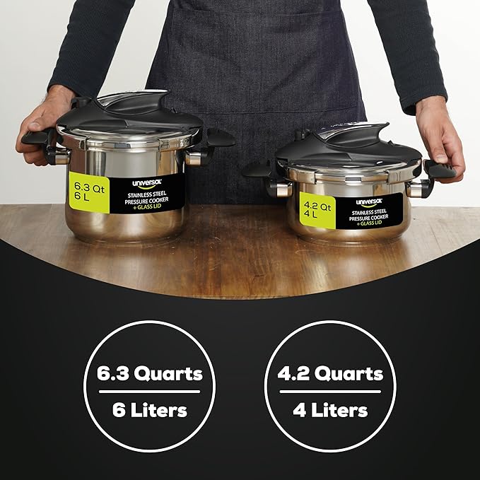Universal (4.2 Quart / 4 Liter) Small Stainless Steel Easy Use Pressure Cooker + Extra Glass Lid, 5 Servings, Induction Compatible, Multipurpose Pot & Pressure Cooker