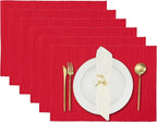 Chinese Red Placemats Set of 6, Cotton Ribbed Tabletop, Non-Slip Wrinkle Free Kitchen Table Mats for Dining Table, 13x19 Inch