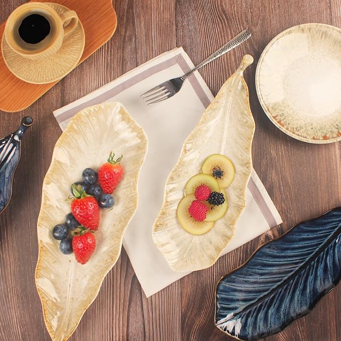 Serving Platter Olives Plate Set of 2, Large Serving Tray for Entertaining, Porcelain Trays and Platters, Salad Appetizer Tray,Dishwasher & Microwave Safe, Gradient beige 17 Inch