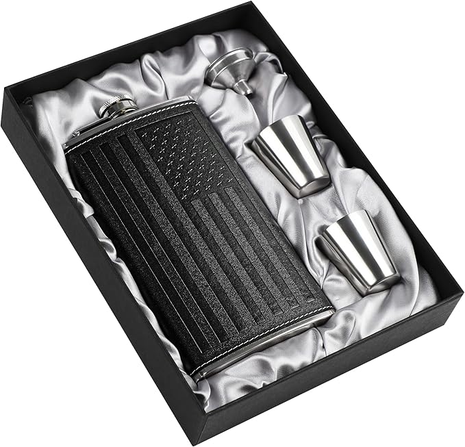 Flask For Men,350ml/12oz Hip Flask, 304 Food Grade Stainless Steel,2 Cups And Funnel Portable Gift Box For Whiskey Rum Groomsman Best Man Usher Wedding-Leather America Flag Black