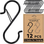 12 PCS S Hooks for Hanging with Safety Buckle, 3.5 inch Heavy Duty Metal S Shaped Hooks for Kitchen Utensil, Cups, Pots, Plants, Bags, Hats (Black)
