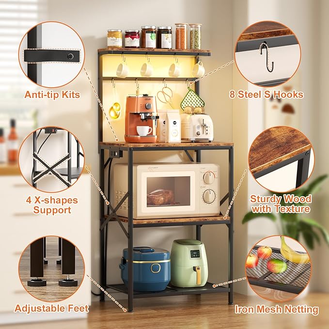 Kitchen Bakers Rack with Power Outlet & LED Lights, Small Coffee Bar Table with Adjustable Storage Shelf, 4 Tiers Microwave Stand with 8 Hooks, Coffee Station for Appliance Organizer, Rustic Brown