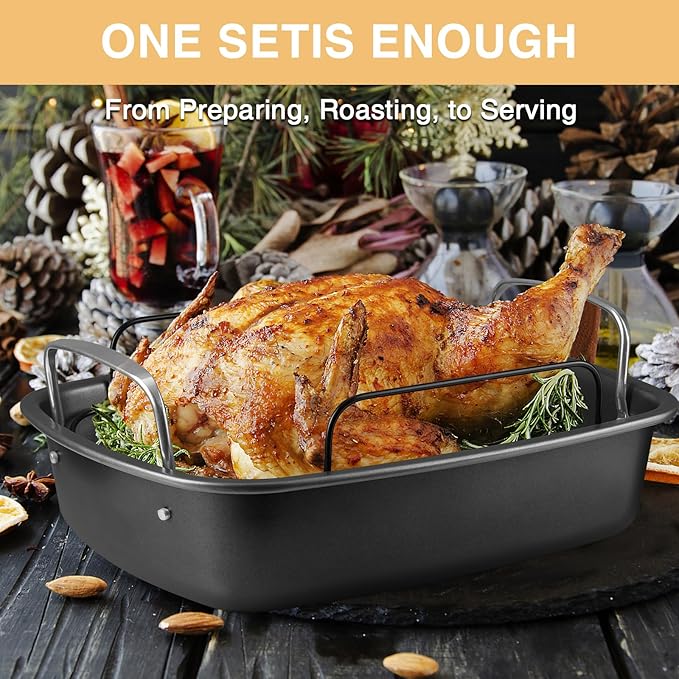 Nonstick Turkey Roasting Pan with Rack - 17×13 Inch Extra Large Roaster Pan, Deep Turkey Tray for Oven, U-Shaped Rack, Wider Handles, Ideal for Ovens, Thanksgiving, and Christmas