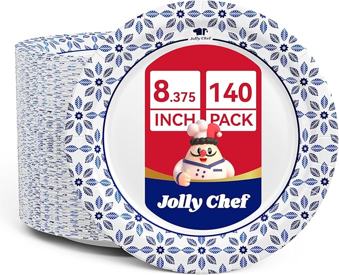 JOLLY CHEF 8.37 inch Disposable Paper Plates 140 Count Soak Proof, Cut Proof, Heavy Duty Printed Disposable Plate for Everyday Use