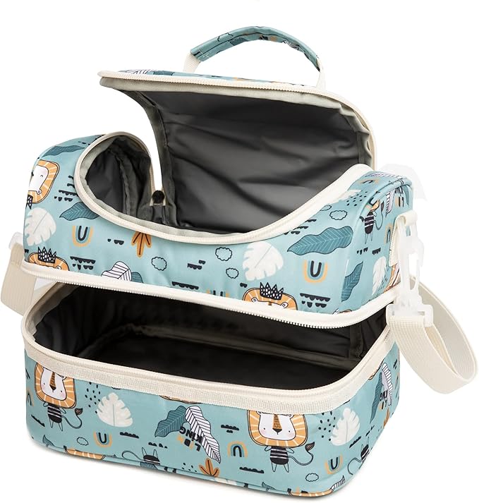 Insulated Kids Double Decker Lunch Bags Tote for Girls Boys Toddler Kindergarten School Picnic Camp Food Cooler Lunch Boxes Thermal with Strap (Lion)