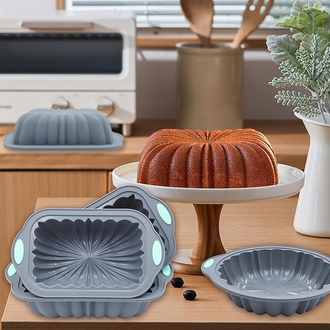 To encounter 65 Pieces Silicone Baking Pans Set, Metal Framed Silicone Tube Cake Pans, Nonstick Fluted Loaf Pans for Muffin, Cake, Bread, with Measuring Cups and Spoons Set, Light Grey