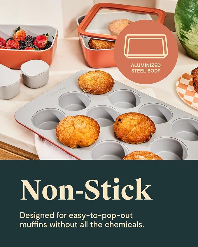 Caraway Non-Stick Ceramic 12-Cup Muffin Pan - Naturally Slick Ceramic Coating - Non-Toxic, PTFE & PFOA Free - Perfect for Cupcakes, Muffins, and More - Marigold