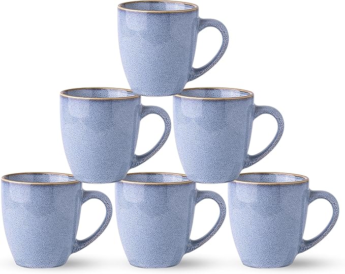 GBHOME Ceramic Coffee Mugs Set of 6, 12oz Stoneware Coffee Mugs Set For Dad Mom Women MEN, Light Weight Ceramic Coffee Cups for Latte/Tea/Beer/Hot Cocoa, Dishwasher & Microwave Safe-Brunnera Blue