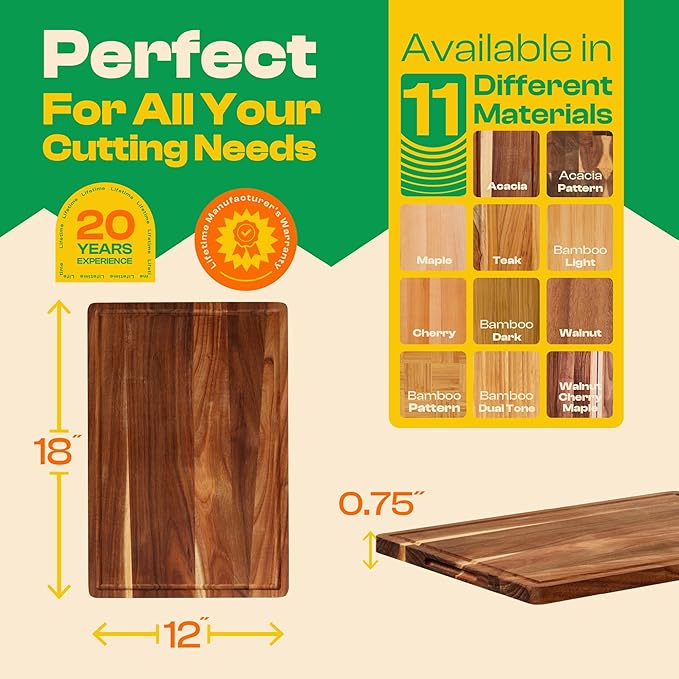 Riveira Acacia Wood Cutting Board - Gourmet Grandeur: 18 x 12 Wooden Board for Kitchen - Natural Decorative Chopping Board With Innovative Juice Grooves