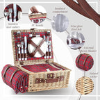 Picnic Basket Set for 4 with Waterproof Blanket Mat Insulation Bag Wicker Classic Vintage Retro Red Plaid Gift for Wedding Birthday Summer Camp Outdoor Camping Beach Travel Christmas