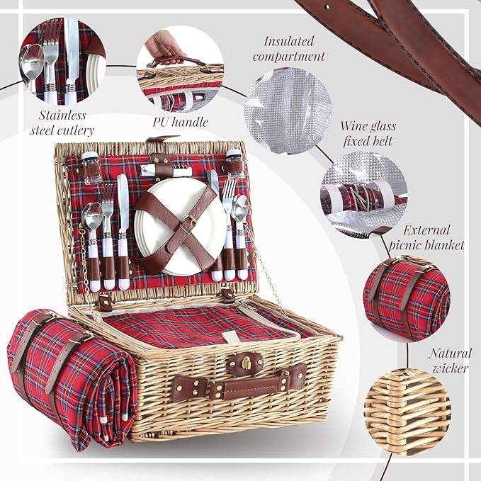 Picnic Basket Set for 4 with Waterproof Blanket Mat Insulation Bag Wicker Classic Vintage Retro Red Plaid Gift for Wedding Birthday Summer Camp Outdoor Camping Beach Travel Christmas