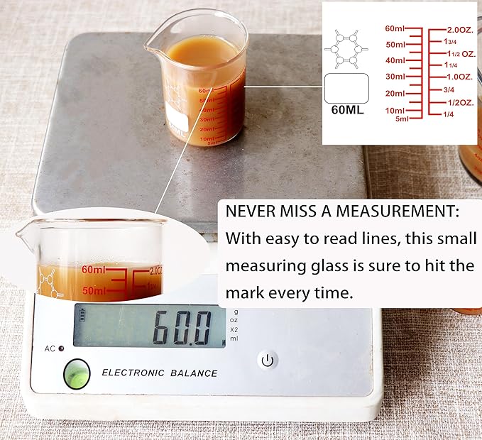 High Borosilicate Glass Measuring Cup-V-Shaped Spout，Glass Measuring Beaker for Kitchen or Restaurant, Easy to Read, 60 ML (2 Oz)-Pack of 2