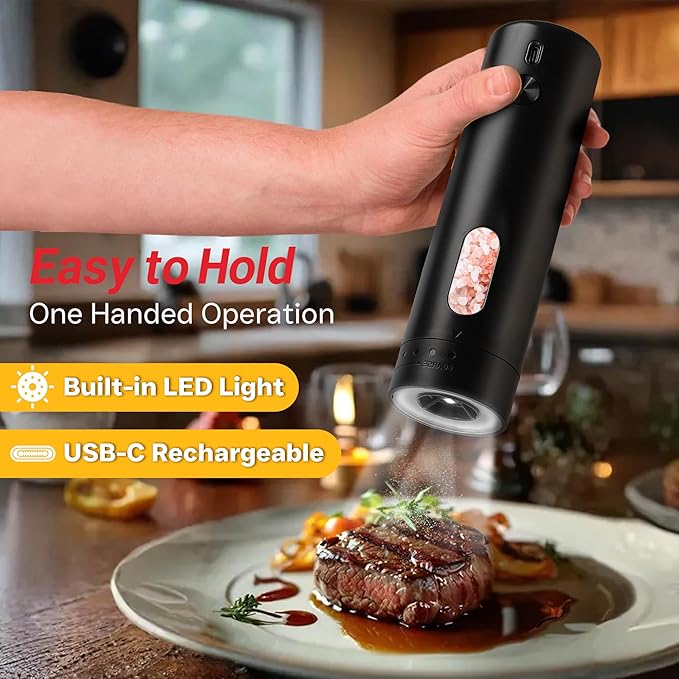 Electric Salt and Pepper Grinder Set – Rechargeable Automatic Mills with 6-Level Adjustable Coarseness, White LED Light, Large 110ml Capacity and Storage Base