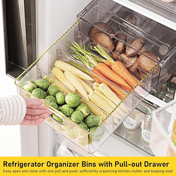 3 Pack Refrigerator Organizer Bins with Pull-out Drawer Stackable Clear Fridge Drawer Organizer Fruit Vegetable Storage Containers for Kitchen Pantry Organization (1 Large+2 Small)