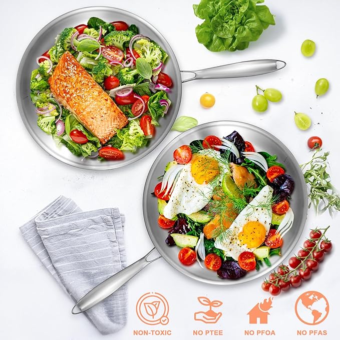 EWFEN 12 Inch Tri-Ply Stainless Steel Frying Pan, Deep Frying Pan with lids, Compatible with All Cooktops Up to 600℉, Induction Cooking Pan, Dishwasher and Oven Safe, Fast & Even Heat