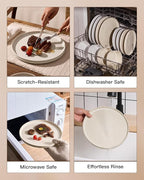 Plates and Bowls Sets for 6, Famiware Premium 18-Piece Stoneware Dinnerware Set, Spiral Dish Set with Straight Rim, Speckles & Reactive Glaze - Microwave & Dishwasher Safe Tableware, Shell Beige