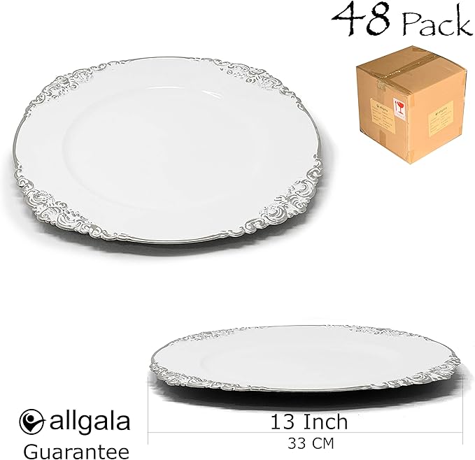 allgala 13-Inch 48-Pack Case Lot Heavy Quality Round Charger Plates-Floral White Silver Trim-HD80842