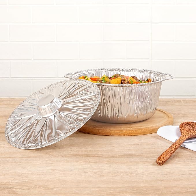 Foil Lux 3.5 Quart Pans And Lids, 10 Disposable Pots With Lids - Oven-Ready, Stove Compatible, Aluminum Foil Baking Pans, Freezable, For Outdoor Camping, Vacation, Picnic, And More - Restaurantware