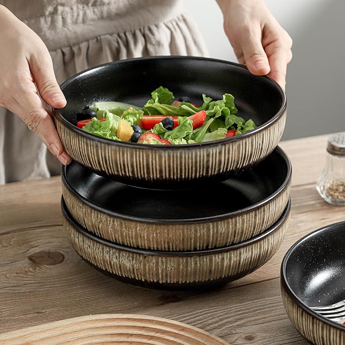 KOOV Ceramic Bowl, 46 OZ Pasta Bowls Set of 4, Large Salad Bowl Set, Large Bowl For Eating, Dinner Bowls, Stackable Serving Bowls, Stripe Series (Rough Black)