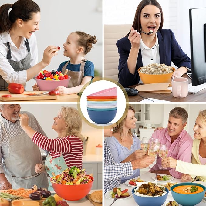 Microwave Safe Bowls 60 Oz, Deep Large Plastic Cereal Soup Bowls Set of 8, Unbreakable Reusable Wheat Straw Dinnerware Sets Dishwasher Safe BPA-Free for Kitchen Salad Ramen, Multicolor