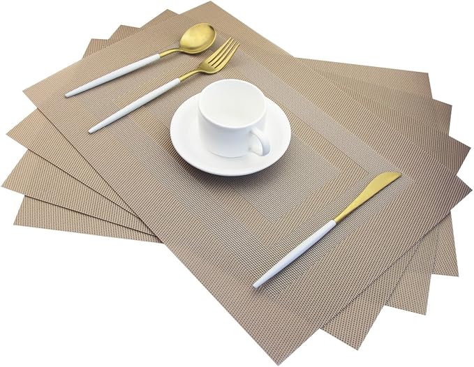 PIGCHCY Placemats,Heat Resistant Non Slip Durable Plastic Place Mats,Washable Easy to Clean Woven Vinyl Kitchen Placemats for Dining Table Set of 4 (Champagne)