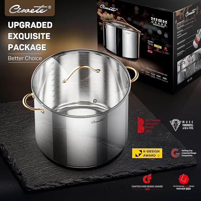 Stock Pot 20 Quart, 3 Ply Stainless Steel Stock Pot with Lid, 20 Quart Soup Pot with Copper Handle, Healthy Stockpots, Induction, Oven, Gas and Dishwasher Safe