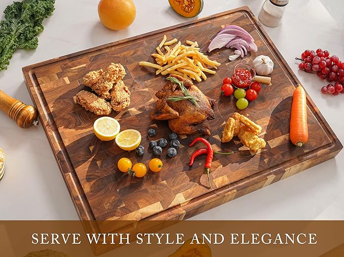 AZRHOM Thick End Grain Acacia Wood Cutting Board 24x18x2 In, Wooden Butcher Block, Chopping Board For Kitchen with Juice Groove Handles Non-Slip Pats (Gift Box)