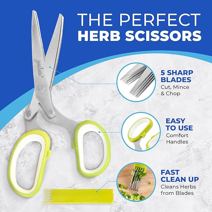 Jenaluca 5 Blade Herb Scissors - Salad Scissors - Cut & Chop Fresh Herbs & Leafy Greens - Stainless Steel Kitchen Shear Set with Cleaning Comb & Safety Cover - Kitchen Gadget - Blue