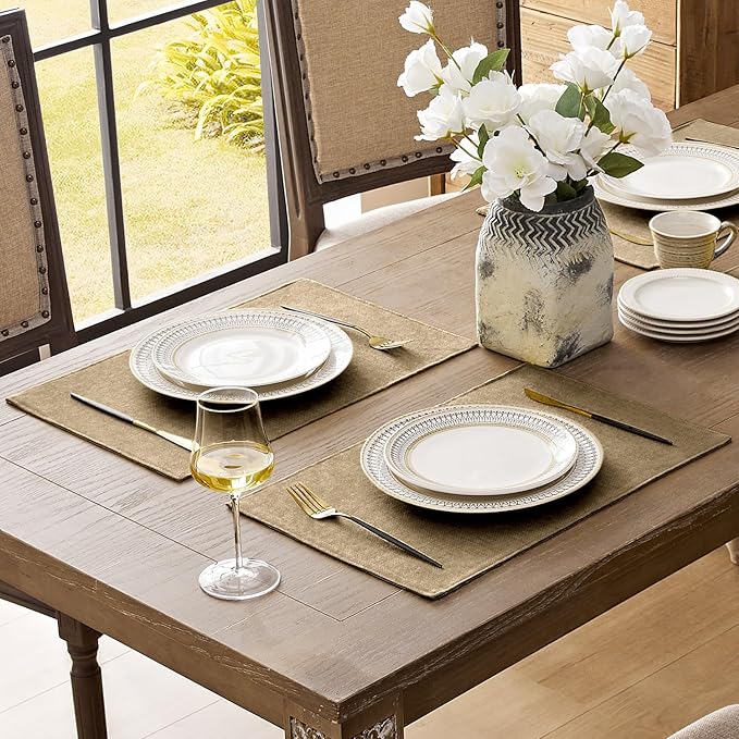 Romanstile Cloth Placemats Set of 6-12 x 18 Inch, Heat Resistant Double Layered Thickened Burlap Place Mats, Washable Faux Linen Farmhouse Table Mats for Kitchen/Dining/Party/Outdoor, Khaki