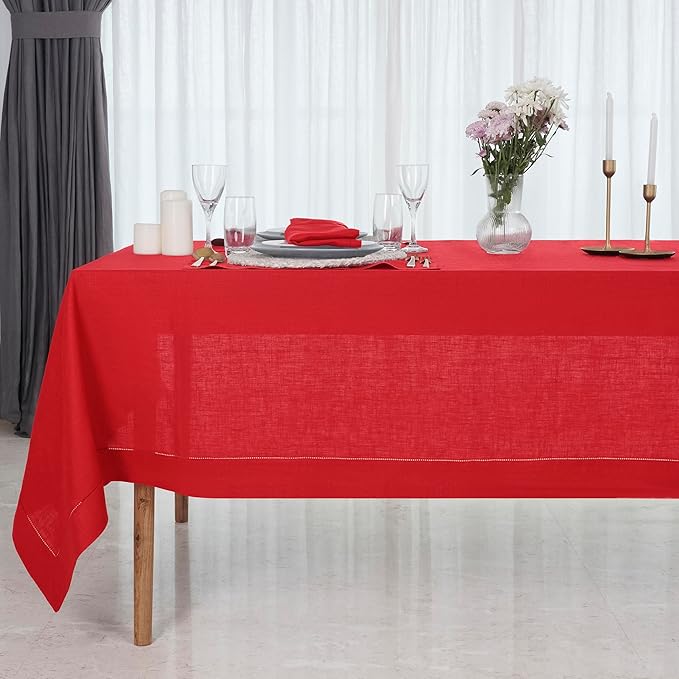 D'Moksha Homes Bright Red Linen Tablecloth 54 x 72 Inch - 100% Pure Linen Red Table Cloth for Rectangle Tables - Classic Hemstitch, Machine Washable Tablecloth for Summer, Fall and Halloween