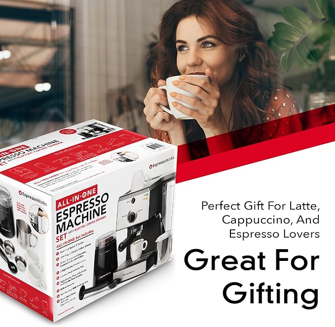 EspressoWorks All-In-One Espresso Machine with Milk Frother 7-Piece Set - Latte Maker Includes Grinder, Frothing Pitcher, Cups, Spoon and Tamper - Coffee Gifts (Stainless Steel)