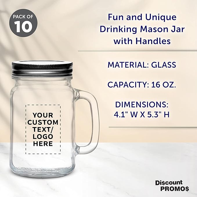 DISCOUNT PROMOS Custom Libbey Handle Mason Jars w/Lids 16 oz. Set of 10, Personalized Bulk Pack - Traditional style, High standard - Clear