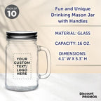 DISCOUNT PROMOS Custom Libbey Handle Mason Jars w/Lids 16 oz. Set of 10, Personalized Bulk Pack - Traditional style, High standard - Clear