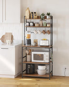 VASAGLE Hutch Bakers Rack with Power Outlet, 14 Hooks Microwave Stand, Adjustable Coffee Bar with Metal Wire Panel, Kitchen Storage Shelf, 15.7 x 31.5 x 66.9 Inches, Rustic Brown and Black UKKS025B01