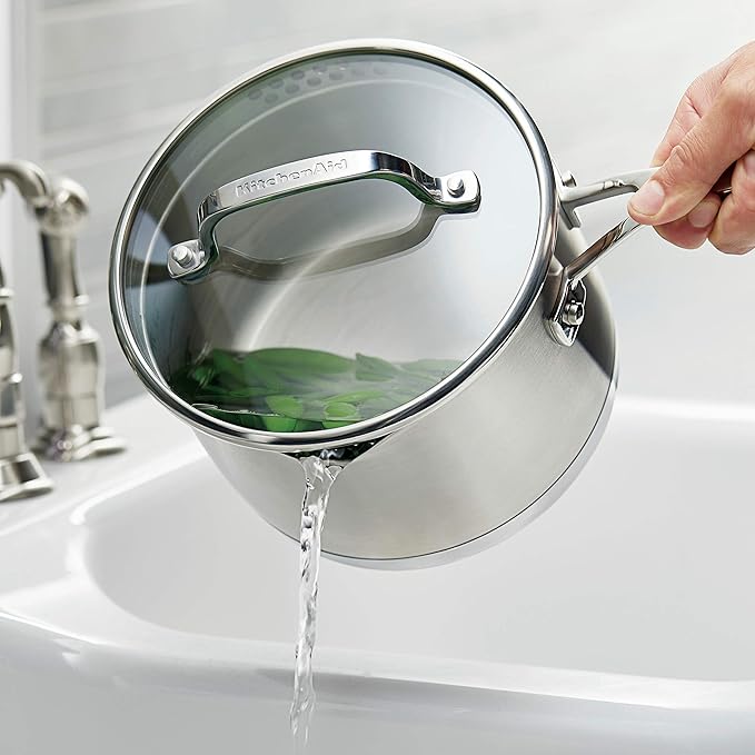 KitchenAid 3-Ply Base Brushed Stainless Steel Induction Pots and Pans Set with Nonstick Round Grill Pan and Lids, Dishwasher Safe, 10 Piece Cookware Set, Brushed Stainless Steel