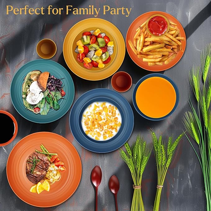 Wheat straw plates and bowls sets of 16 - Unbreakable wheat straw dinnerware sets for kids - Alternative plastic dinnerware set service for 4 - Microwave safe and Dishwasher safe bowls. Colorful