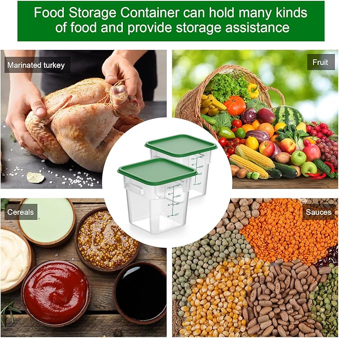 2 Pieces Square Food Storage Containers Polycarbonate Clear food Container with Lid Commercial Storage with Graduations for Commercial Kitchen Dough Marinating Meat(Green, 8 Qt)