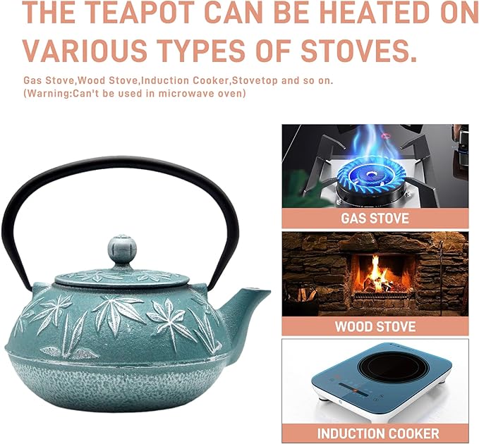 30.4oz Small Cast Iron Teapot Tea Kettle with Stainless Steel Infuser for Stovetop Safe Coated with Enameled Interior Japanese Tetsubin with Maple Leaves Pattern(30.4oz/900ml)