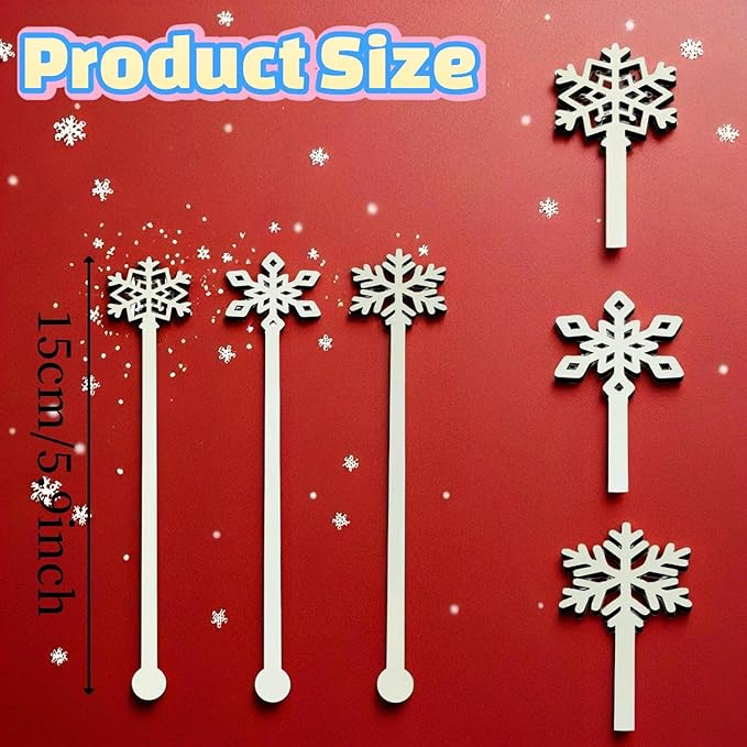 60 Pcs Snowflake Drink Stirrers Bulk, 5.9 Inch Wooden Cocktail Picks with 3 Unique Snowflake Designs, Bamboo Toothpicks for Appetizers, Coffee Bar, Beverages, Winter Christmas Party Supplies