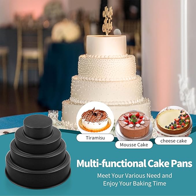 P&P CHEF Non-stick Cake Pan Set of 4, 4/6/8/9.5 Inch Round Baking Cake Pans Tins for Tier Smash Cakes, Non-Toxic & Solid, Stainless Steel Core & Leak-Proof, 4Pcs