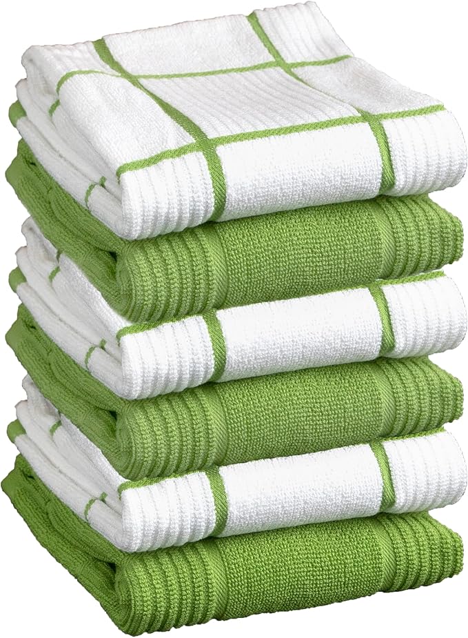 T-fal Solid & Checked Parquet Kitchen Towels: Highly Absorbent, Super Soft Long Lasting - 100% Cotton, 16"x26" Dish Towels for Cleaning & Drying Dishes, Pans, Glassware, Countertops, 6-Pack, Green