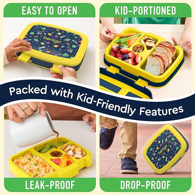 Bentgo Kids Prints Leak-Proof, 5-Compartment Bento-Style Kids Lunch Box - Ideal Portion Sizes for Ages 3-7, Durable, Drop-Proof, Dishwasher Safe, & PFAS & BPA-Free Materials (Space)