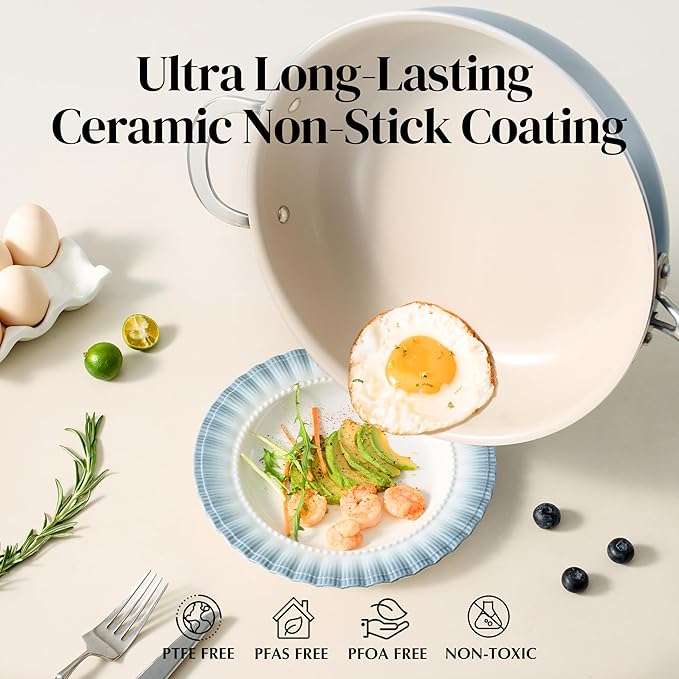 Redchef Ceramic Saute Pan with Lid, Nonstick Deep Frying Pan, 5QT Jumbo Cooker with Helper Handle & Lid, Non Toxic Ceramic Cooking Pan, Chef Pan, Dishwasher & Oven Safe, PFAS PFOA & PTFE Free（Blue）