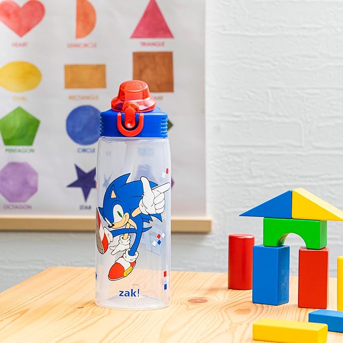 Zak Designs Sonic the Hedgehog Sage Water Bottle For School or Travel, 25oz Durable Plastic Water Bottle With Straw, Handle, and Leak-Proof, Pop-Up Spout Cover (Sonic)