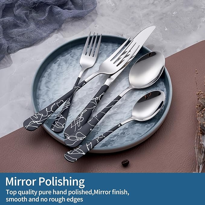 20-Piece Black cracks Silverware Set 18/0 Stainless Steel Silverware Set Yellow Handle Cutlery Black Set Service for 4 Dinner Knives Forks Spoons Set Flatware Set Finish Dishwasher Safe