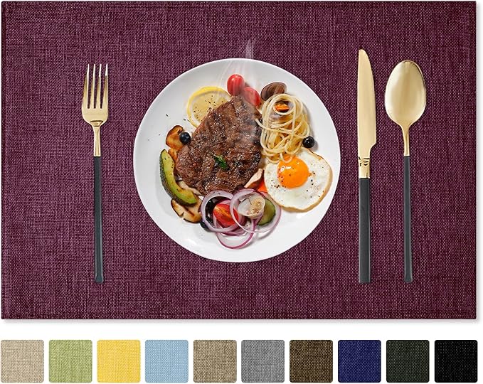 Romanstile Cloth Placemats Set of 4-12 x 18 Inch, Heat Resistant Double Layered Thickened Burlap Place Mats, Washable Linen Farmhouse Table Mats for Kitchen/Dining/Party/Outdoor, Purple